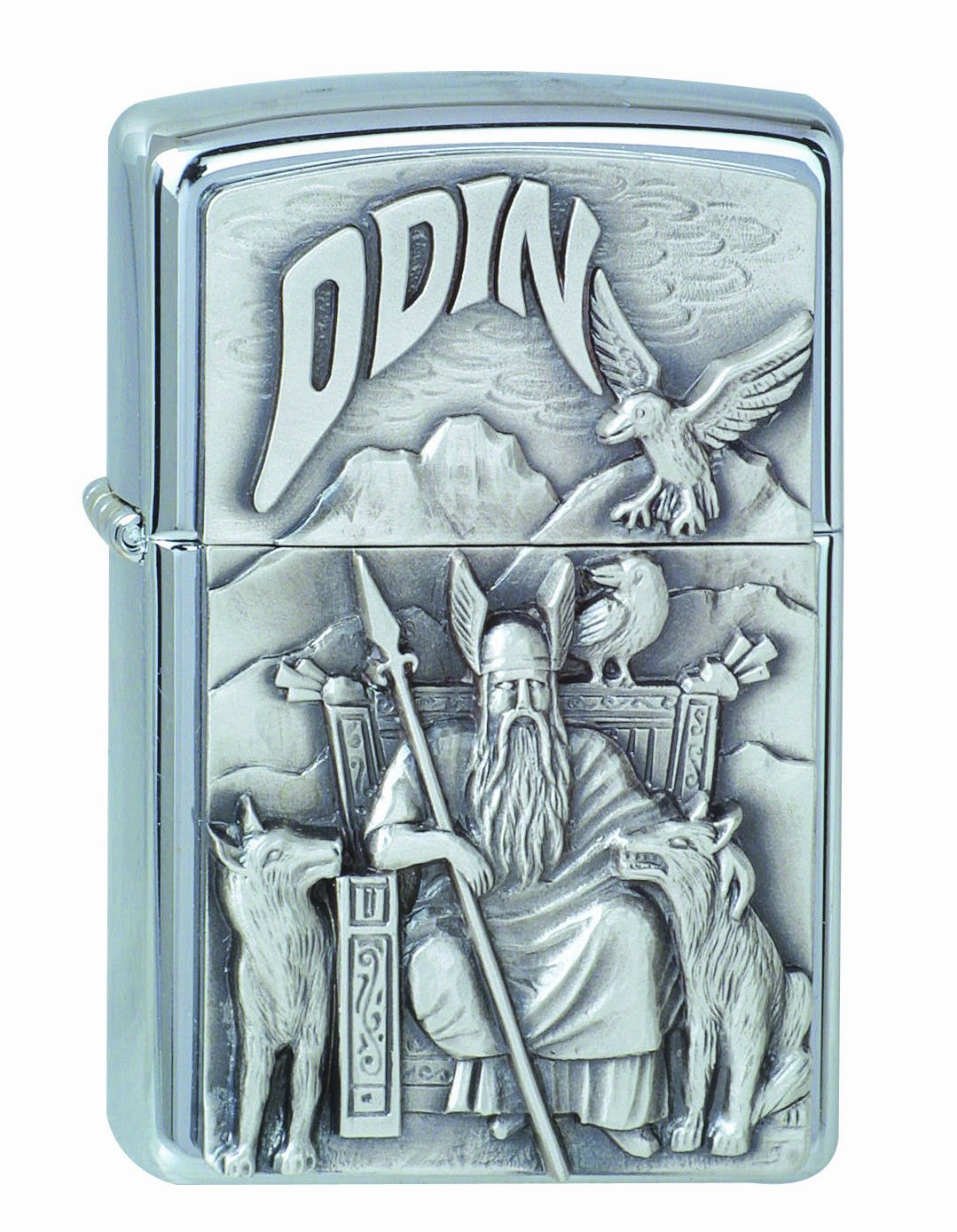 Vooraanzicht Zippo aansteker chroom godenvader Odin zittend op troon 