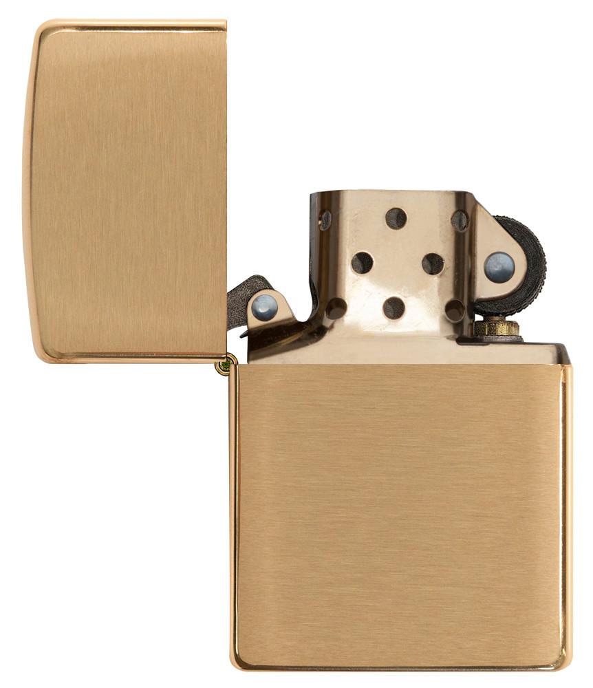 Vooraanzicht Zippo aansteker Armor Brass Brushed geopend