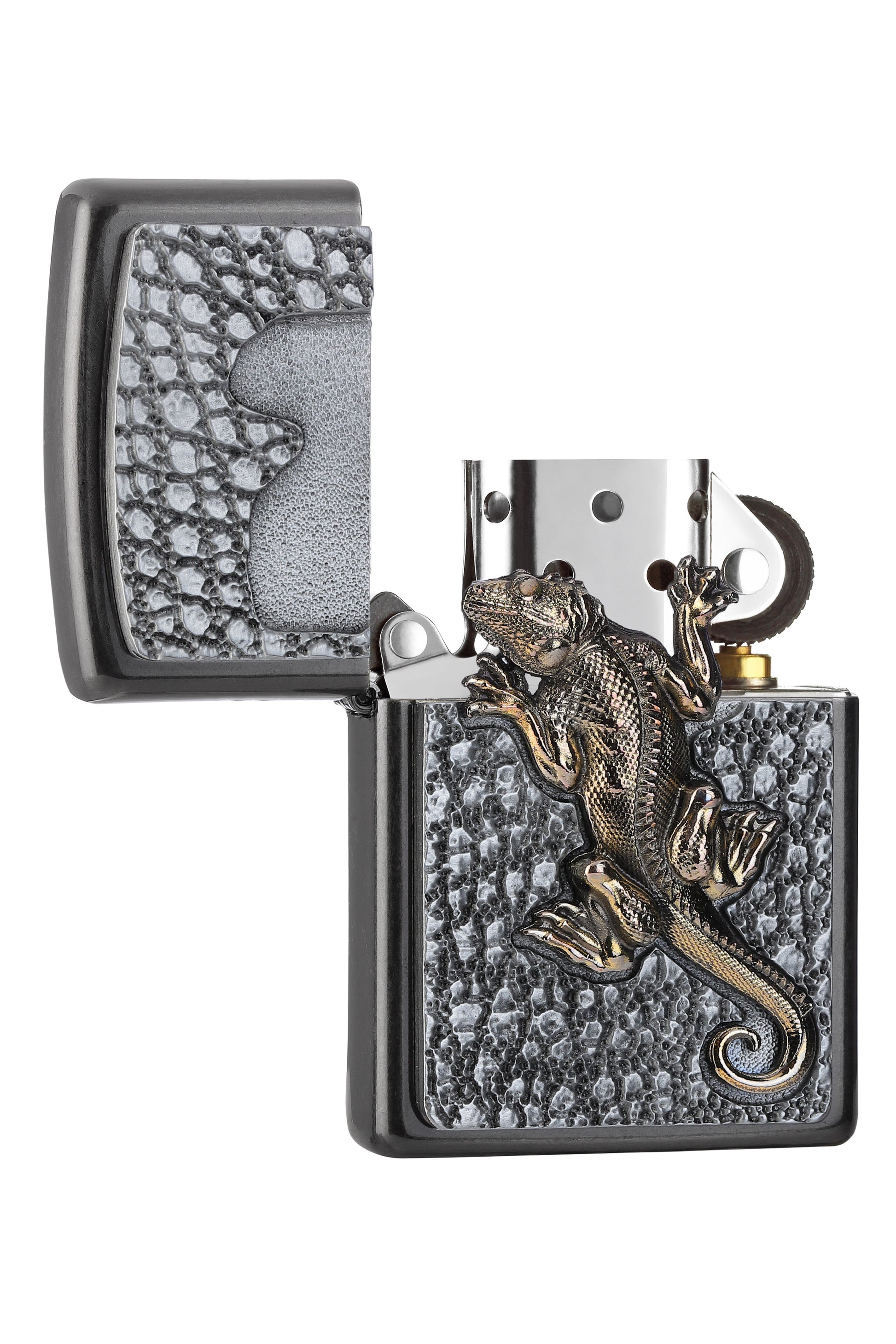 Zippo aansteker grijs met gekko embleem geopend