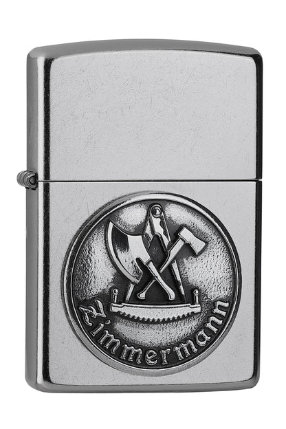 Vooraanzicht 3/4 hoek Zippo aansteker chroom gilde timmerman embleem