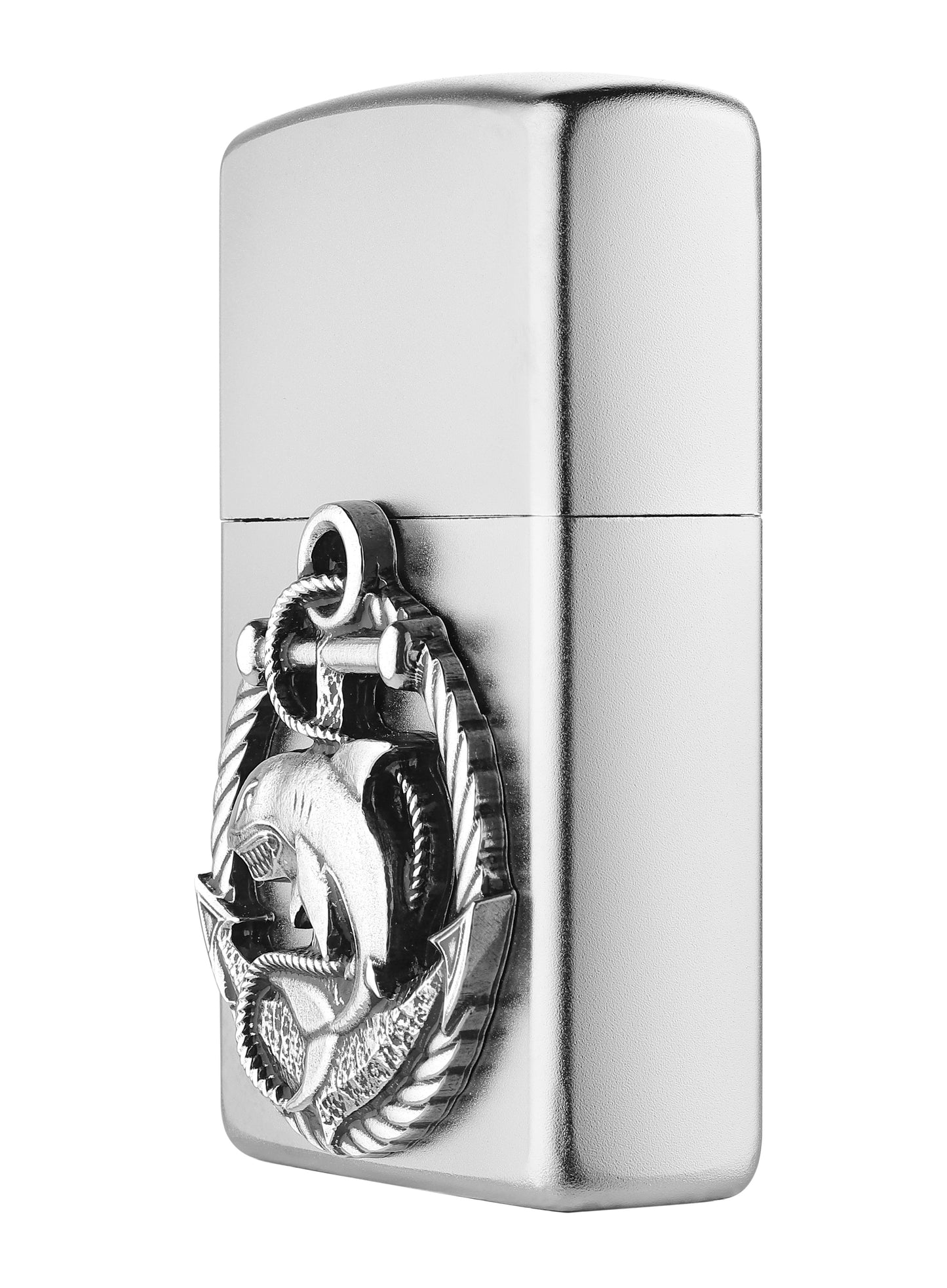 Zijaanzicht Zippo-aansteker Satin Chrome Emblem met haai en anker