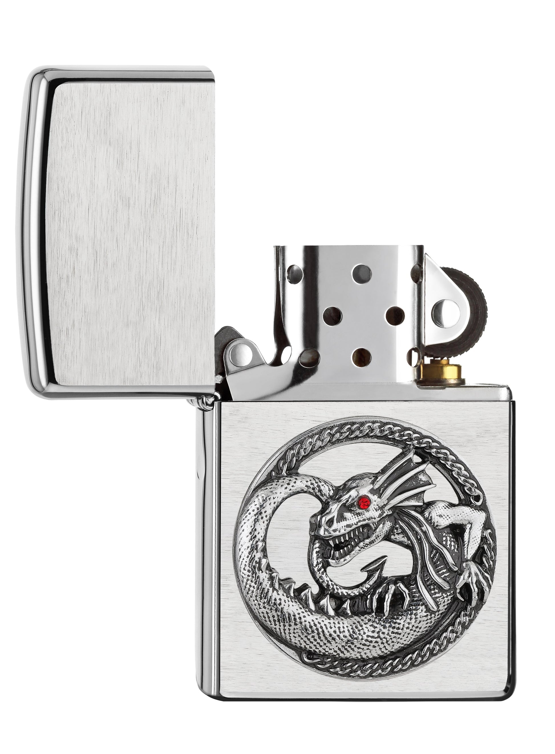 Zippo-aansteker chroom geborsteld kleine draak met rood oog embleem open