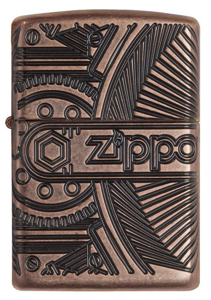 29523, Zippo Steampunk Gears, Deep Carve Engraving on Antique Copper Finish & Armor Case