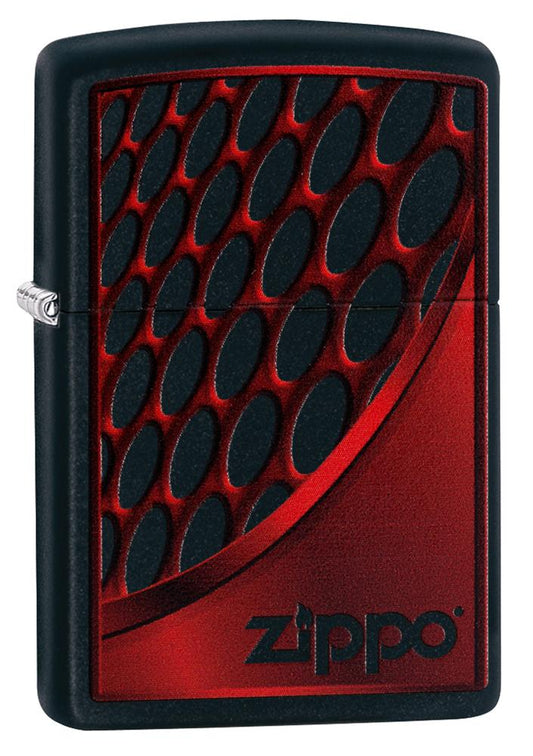 Vooraanzicht 3/4 hoek Zippo aansteker zwart Zippo-logo op rood-zwarte achtergrond