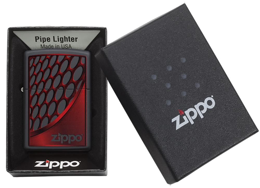 Zippo aansteker zwart Zippo-logo op rood-zwarte achtergrond in open geschenkdoos