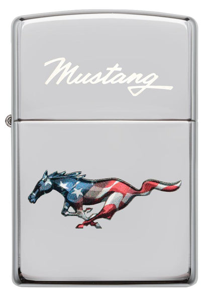 Vooraanzicht Zippo-aansteker chroom mustangpaard in de kleuren van de Amerikaanse vlag