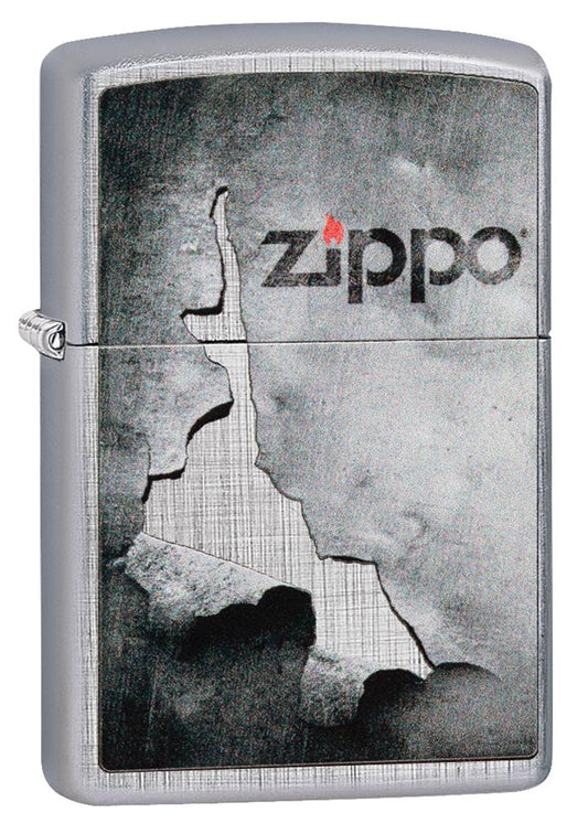 Vooraanzicht 3/4 hoek Zippo aansteker chroom Zippo-logo op afbladderend metaal