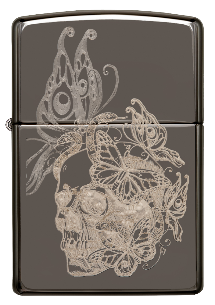 Vue de face du briquet tempête Zippo Skull Butterfly Design