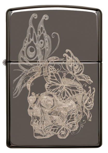 Vue de face du briquet tempête Zippo Skull Butterfly Design