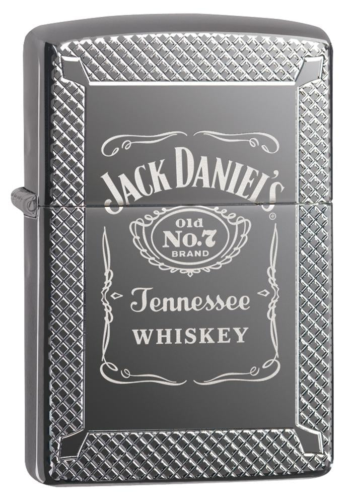 Vooraanzicht 3/4 hoek Zippo-aansteker grijs glanzend Jack Daniel's-belettering en logo gegraveerd