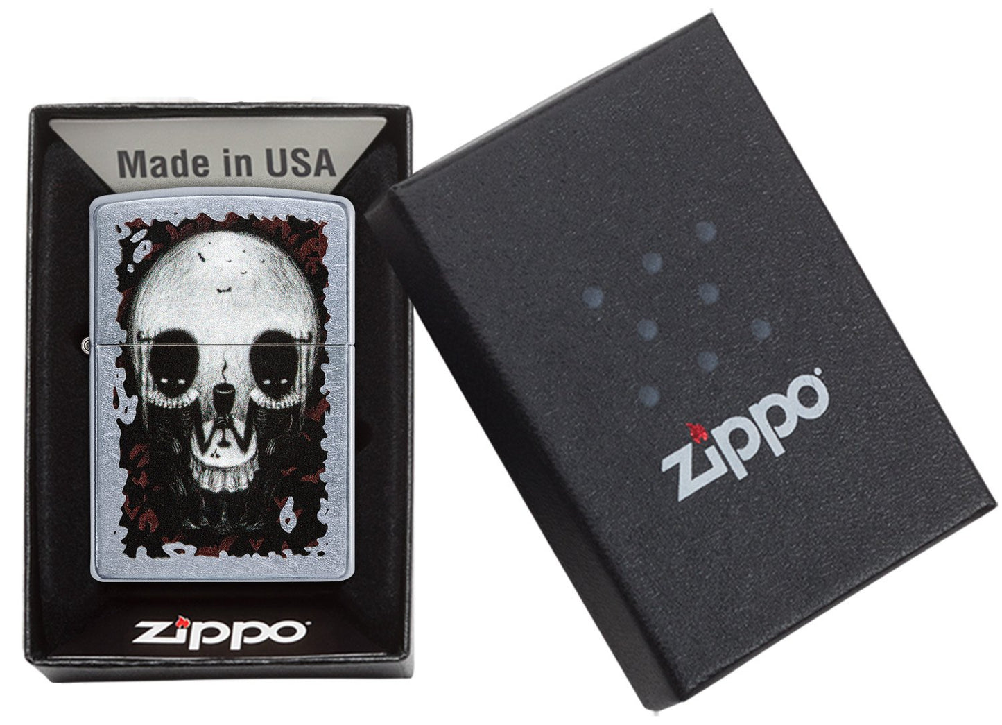 Zippo aansteker chroom doodshoofd optische illusie in open doos