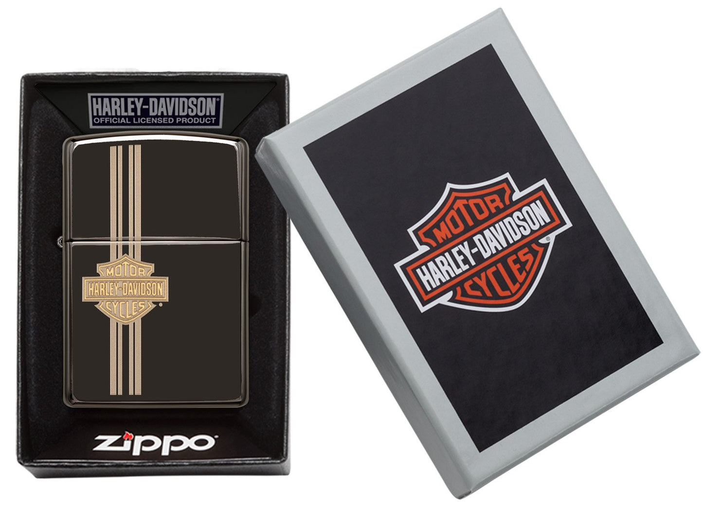 Zippo-aansteker zwart hoogglans klein Harley Davidson-logo gegraveerd in open doos