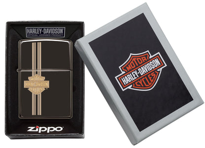 Zippo-aansteker zwart hoogglans klein Harley Davidson-logo gegraveerd in open doos