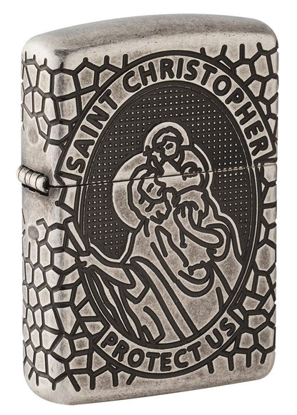 Vooraanzicht 3/4 hoek Zippo-aansteker chroom antiek Sint-Christoffel diep gegraveerd