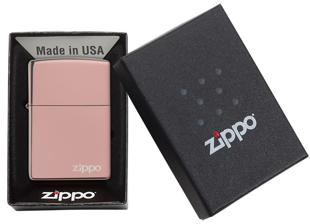 Zippo-aansteker rose gold hoogglans met Zippo-logo in open geschenkverpakking