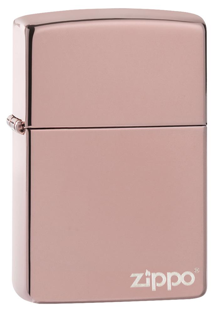 Vooraanzicht 3/4 hoek Zippo-aansteker rose gold hoogglans met Zippo-logo