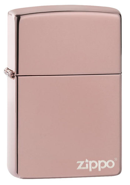 Vooraanzicht 3/4 hoek Zippo-aansteker rose gold hoogglans met Zippo-logo