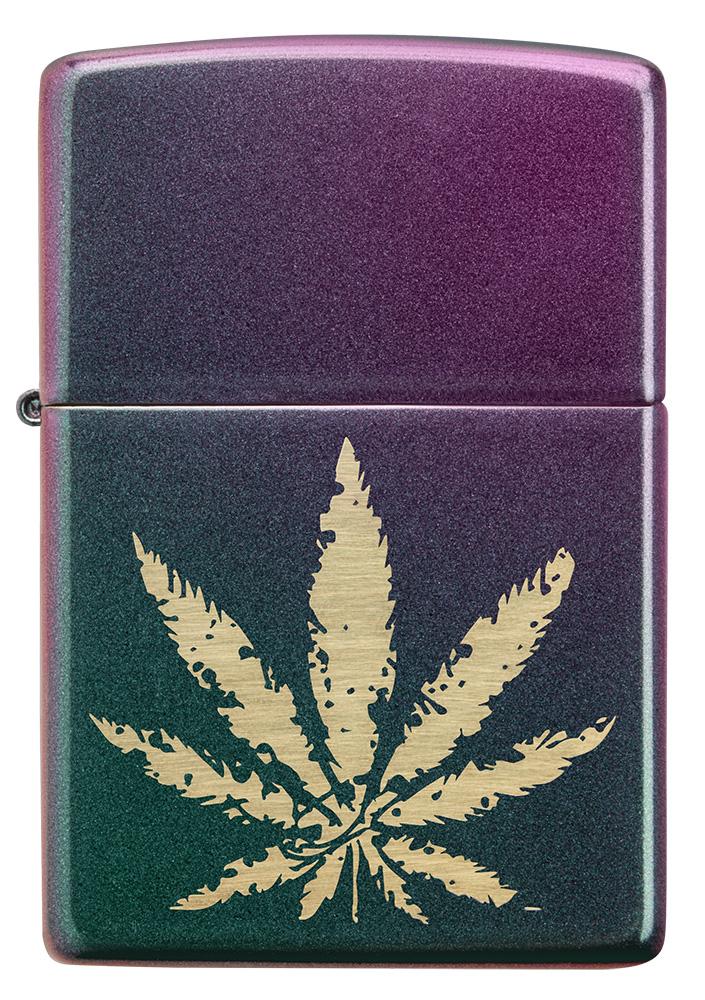 Vooraanzicht Zippo-aansteker Iridescent hennepblad lasergravure